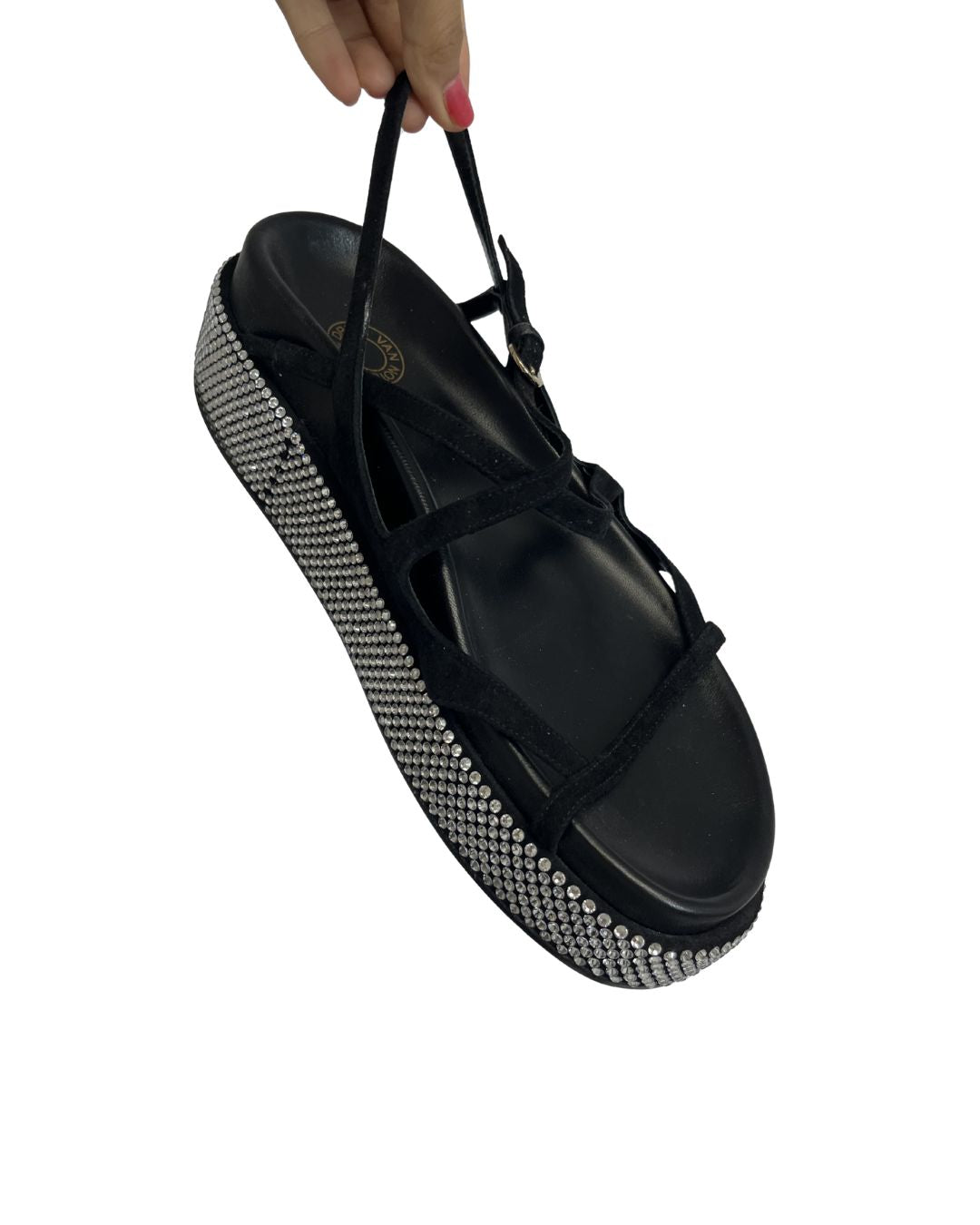 DRIES VAN NOTEN Black Leather & Rhinestone Sandals (Size 9)