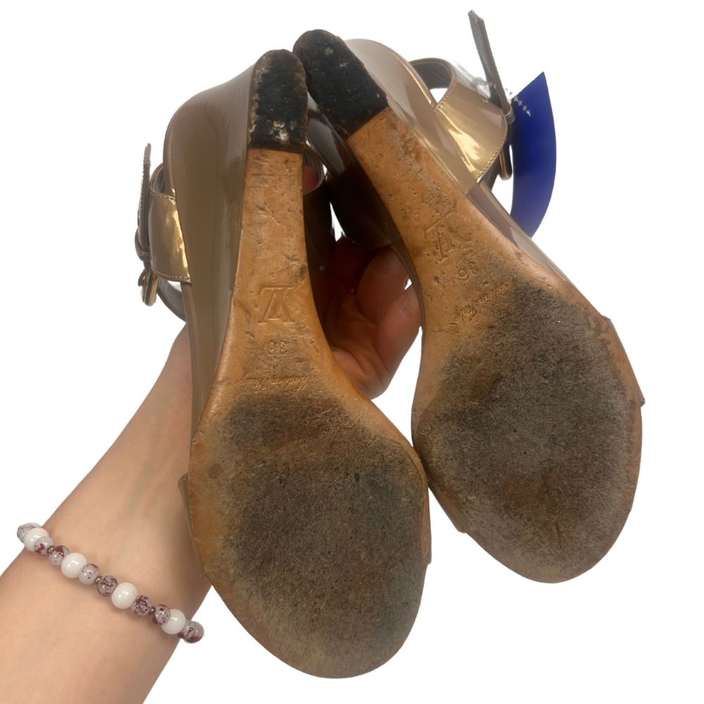 Louis Vuitton Gold Patent Wedge Heels (Size 6)