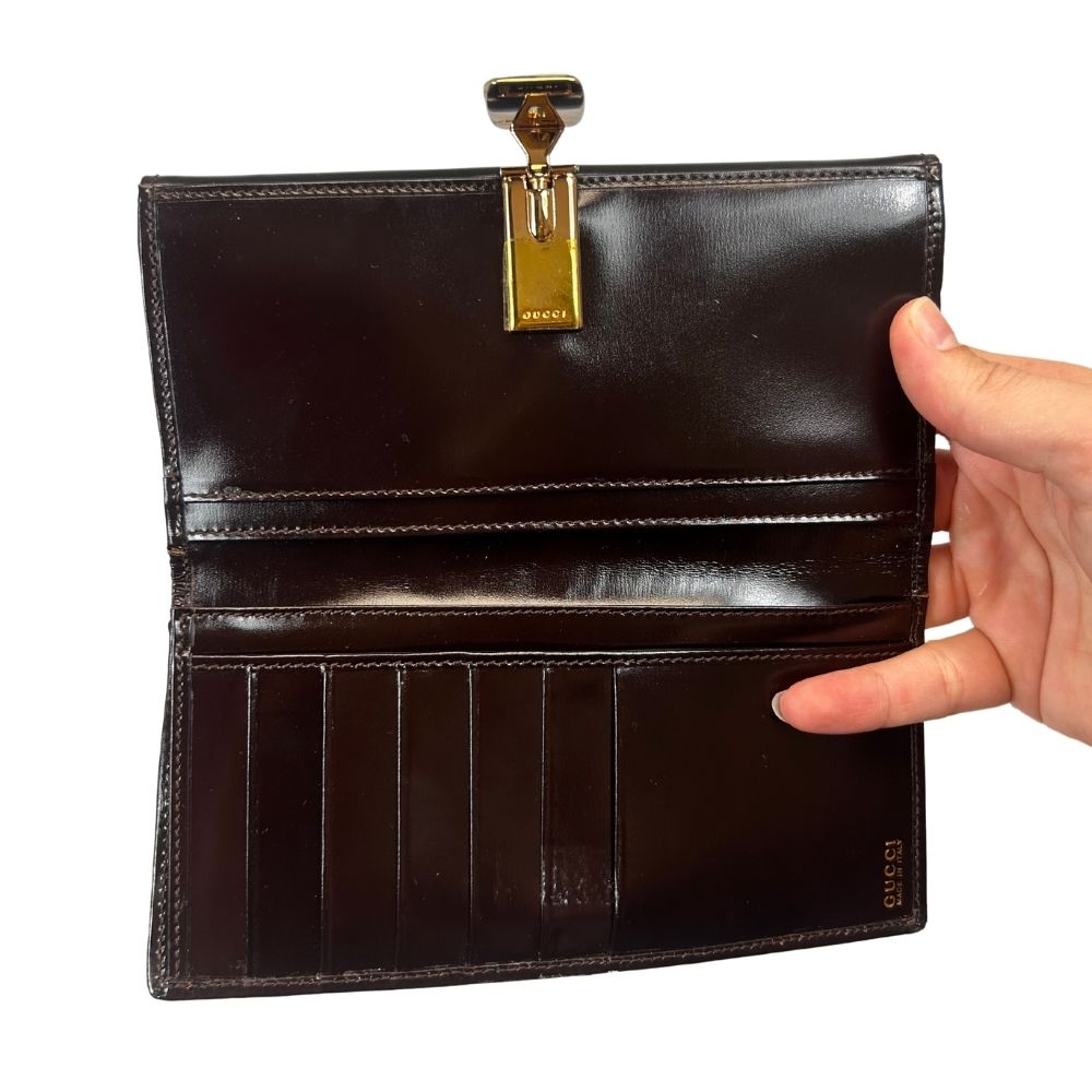 Gucci Brown Calfskin Leather Bifold Wallet – Goldtone Flip Clasp (With Box, Signs of Wear)