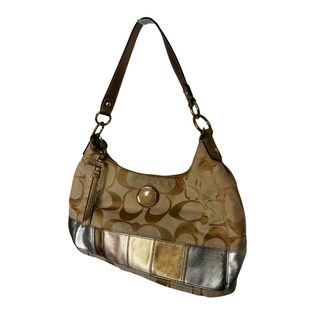 Coach Gold “C” Logo Stripe Shoulder Bag – Silver/Gray/Tan/Gold with Metallic Strap | Y2K Throwback Chic