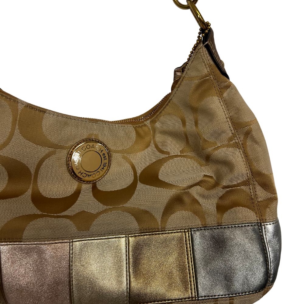 Coach Gold “C” Logo Stripe Shoulder Bag – Silver/Gray/Tan/Gold with Metallic Strap | Y2K Throwback Chic
