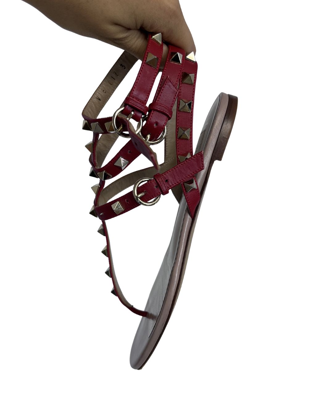 VALENTINO Red Leather Rockstud Sandals (Size 37)