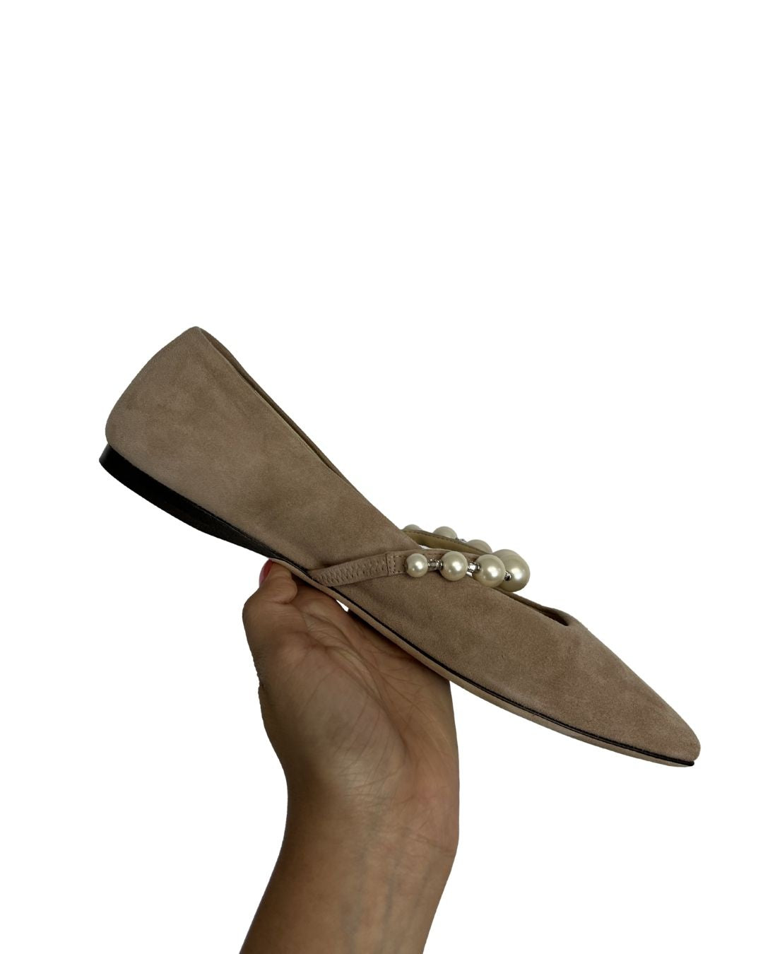 JIMMY CHOO Ade Tan Suede Pearl Flats (Size 37.5)