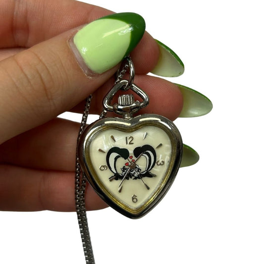 Vintage Warner Bros. Heart-Shaped Watch Necklace – Skunk & Cat, 30" Chain (Made in Japan)