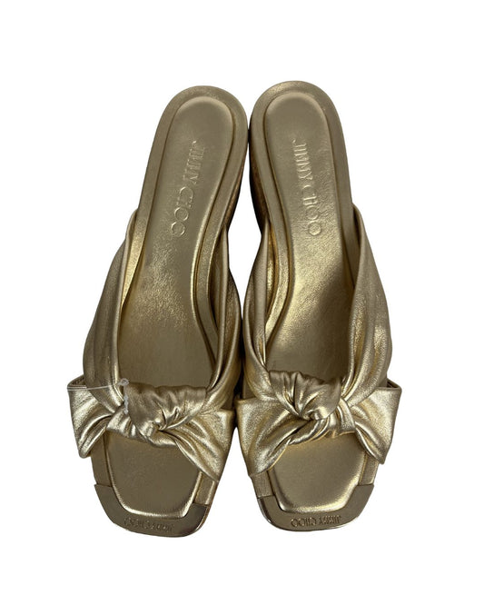 JIMMY CHOO Avenue Gold Wedge Mule Sandals (Size 6.5)