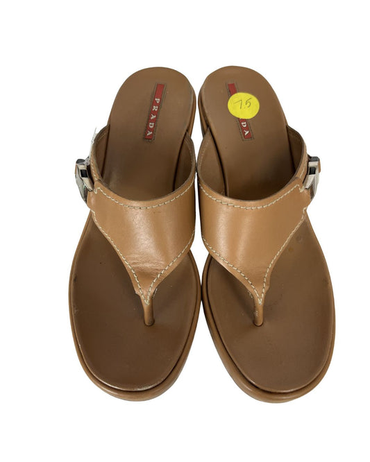 PRADA Camel Brown Leather Thong Wedge Sandals (Size 7.5)
