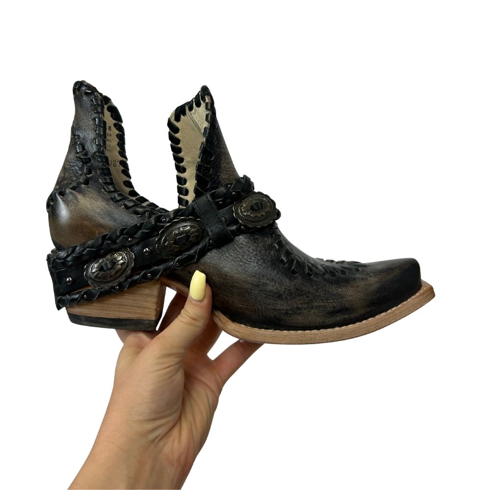 Freebird Charcoal Leather Cowgirl Boots – Beaded Strap & Open Sides (Size 8)