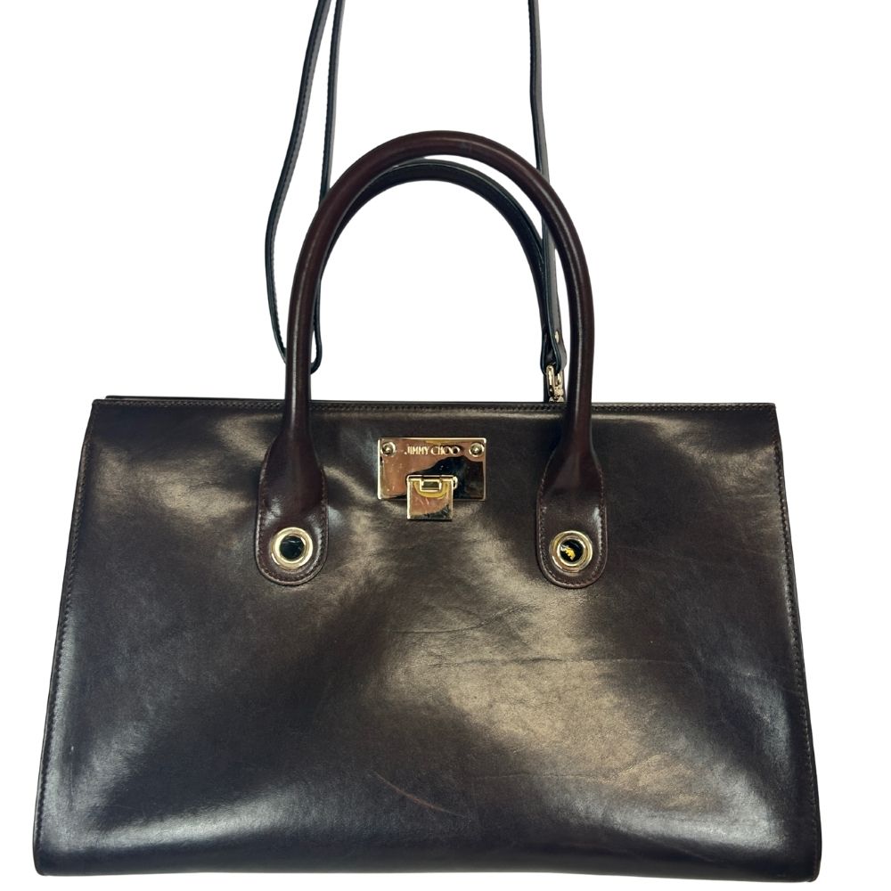 Jimmy Choo Riley Handle Bag – Brown Leather with Gold-Tone Hardware
